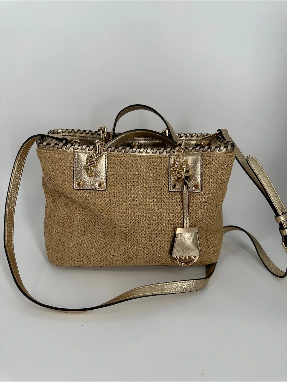 Michael Kors Woven Straw Basket Bag with Gold Trim